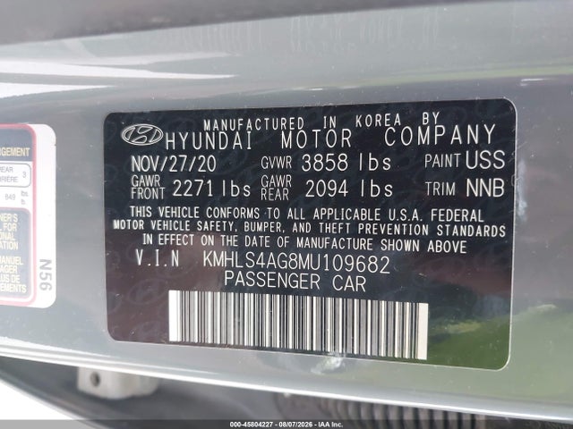 2021 Hyundai Elantra Sel მანქანა იყიდება აუქციონზე, vin: KMHLS4AG8MU109682, აუქციონის ნომერი: 45804227