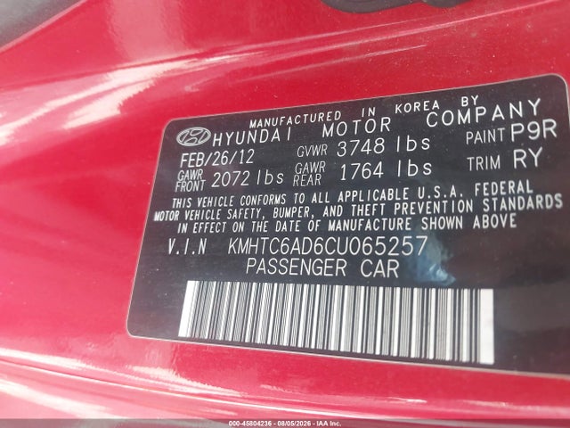 45804236 :رقم المزاد ، KMHTC6AD6CU065257 vin ، 2012 Hyundai Veloster Base W/red/black مزاد بيع