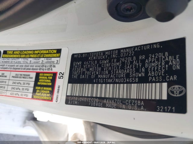 Продаж на аукціоні авто 2022 Toyota Camry Se Nightshade Edition, vin: 4T1G11AK7NU034658, номер лоту: 45804247