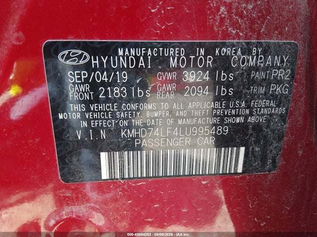 Продажа на аукционе авто 2020 Hyundai Elantra Se, vin: KMHD74LF4LU995489, номер лота: 45804253