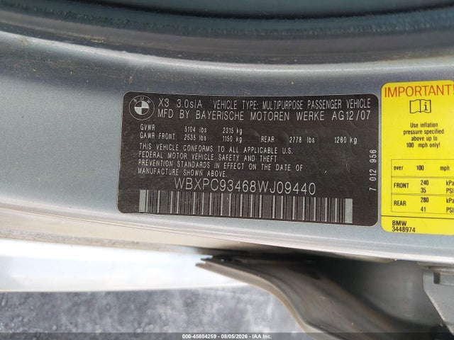 Продажа на аукционе авто 2008 Bmw X3 3.0si, vin: WBXPC93468WJ09440, номер лота: 45804259