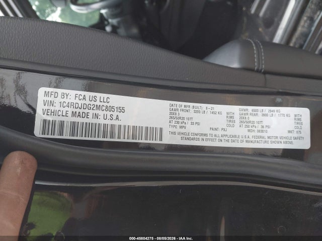45804275 :رقم المزاد ، 1C4RDJDG2MC805155 vin ، 2021 Dodge Durango Gt Plus Awd مزاد بيع