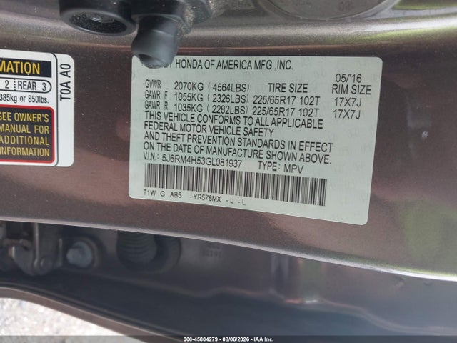 45804279 :رقم المزاد ، 5J6RM4H53GL081937 vin ، 2016 Honda Cr-v Ex مزاد بيع