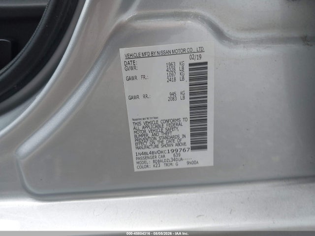 45804316 :رقم المزاد ، 1N4BL4BV0KC199767 vin ، 2019 Nissan Altima 2.5 S مزاد بيع