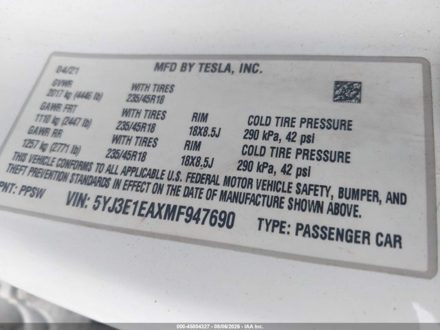 Aukcja sprzedaży 2021 Tesla Model 3 Standard Range Plus Rear-wheel Drive, vin: 5YJ3E1EAXMF947690, numer aukcji: 45804327