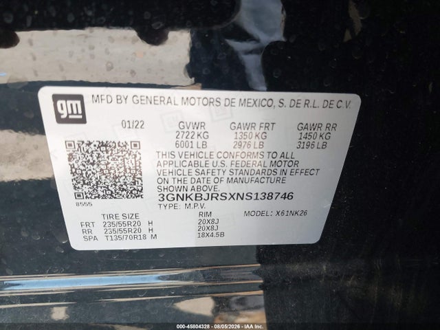 2022 Chevrolet Blazer Awd 3lt მანქანა იყიდება აუქციონზე, vin: 3GNKBJRSXNS138746, აუქციონის ნომერი: 45804328