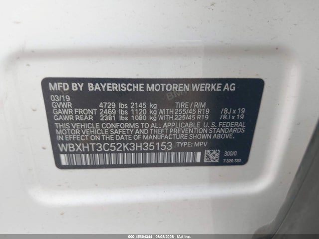 45804344 :رقم المزاد ، WBXHT3C52K3H35153 vin ، 2019 Bmw X1 Xdrive28i مزاد بيع
