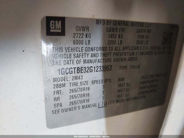 Продажа на аукционе авто 2016 Chevrolet Colorado 4wd Wt, vin: 1GCGTBE32G1233953, номер лота: 45804346
