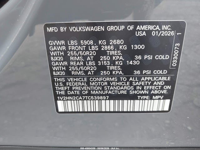 45804359 :رقم المزاد ، 1V2HN2CA7TC539897 vin ، 2026 Volkswagen Atlas Se مزاد بيع