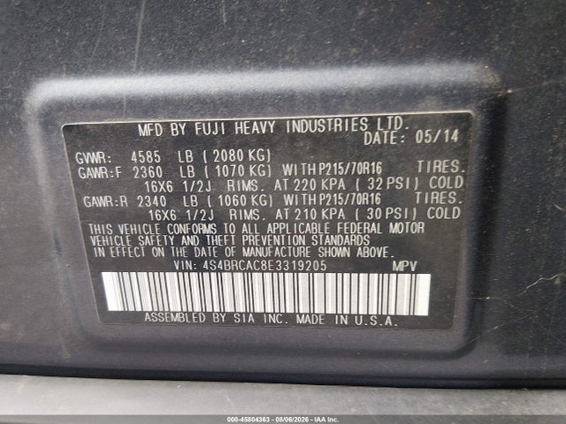Aukcja sprzedaży 2014 Subaru Outback 2.5i, vin: 4S4BRCAC8E3319205, numer aukcji: 45804363