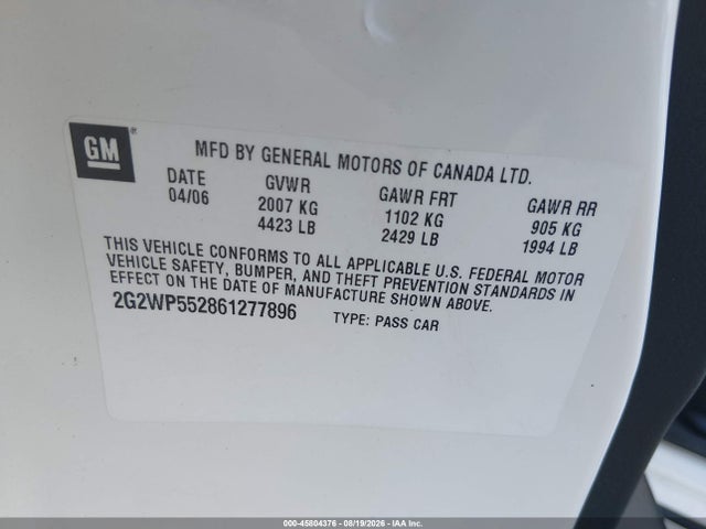 45804376 :رقم المزاد ، 2G2WP552861277896 vin ، 2006 Pontiac Grand Prix مزاد بيع
