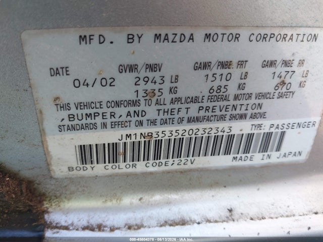 Продаж на аукціоні авто 2002 Mazda Mx-5 Miata Cloth/ls/se, vin: JM1NB353520232343, номер лоту: 45804378