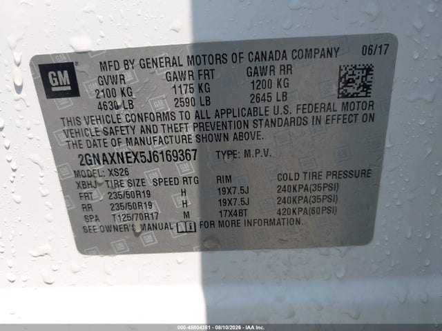 2018 Chevrolet Equinox Premier მანქანა იყიდება აუქციონზე, vin: 2GNAXNEX5J6169367, აუქციონის ნომერი: 45804381
