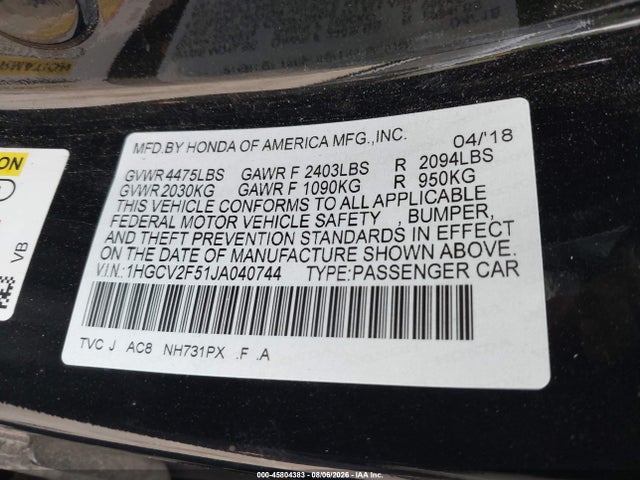 Aukcja sprzedaży 2018 Honda Accord Ex-l 2.0t, vin: 1HGCV2F51JA040744, numer aukcji: 45804383