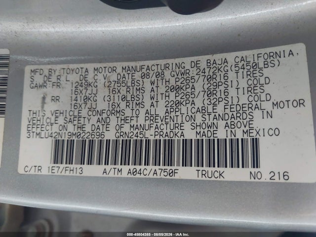 2009 Toyota Tacoma Base V6 მანქანა იყიდება აუქციონზე, vin: 3TMLU42N19M022696, აუქციონის ნომერი: 45804385
