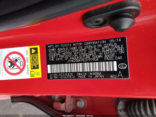 45804417 :رقم المزاد ، JTHKD5BH7E2197904 vin ، 2014 Lexus Ct 200h مزاد بيع