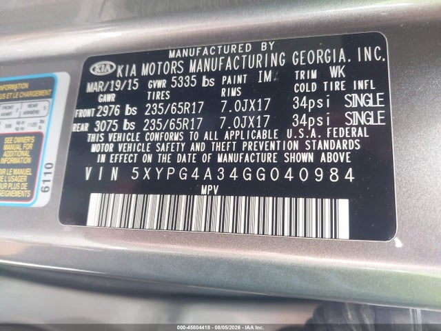 45804418 :رقم المزاد ، 5XYPG4A34GG040984 vin ، 2016 Kia Sorento 2.4l Lx مزاد بيع
