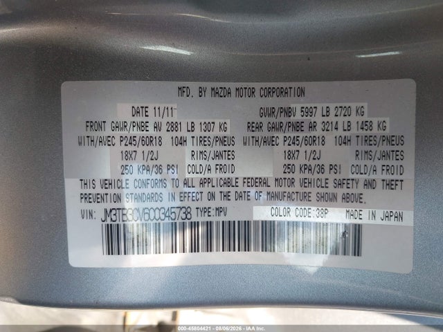 Aukcja sprzedaży 2012 Mazda Cx-9 Touring, vin: JM3TB3CV6C0345738, numer aukcji: 45804421
