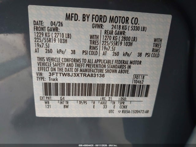 45804425 :رقم المزاد ، 3FTTW8J3XTRA83136 vin ، 2026 Ford Maverick Xlt مزاد بيع