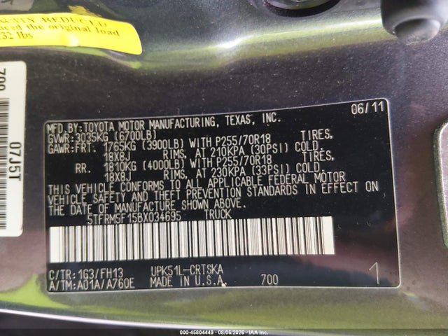 Aukcja sprzedaży 2011 Toyota Tundra Grade 4.6l V8, vin: 5TFRM5F15BX034695, numer aukcji: 45804449