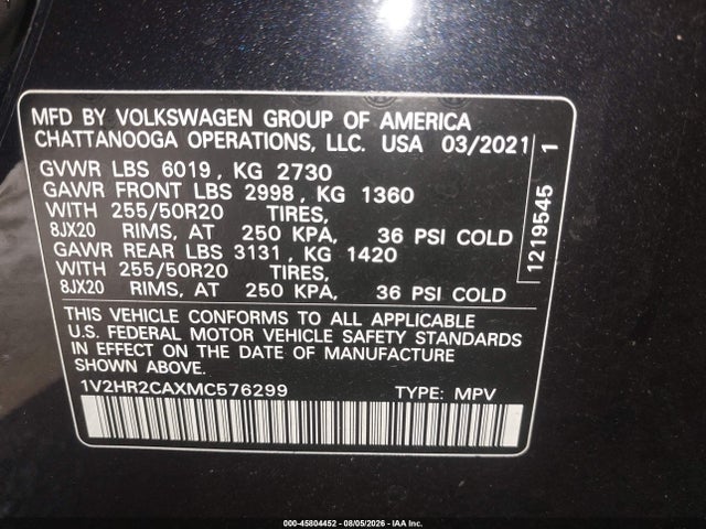 2021 Volkswagen Atlas 3.6l V6 Se W/technology მანქანა იყიდება აუქციონზე, vin: 1V2HR2CAXMC576299, აუქციონის ნომერი: 45804452