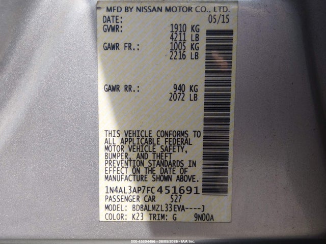 2015 Nissan Altima 2.5 Sv მანქანა იყიდება აუქციონზე, vin: 1N4AL3AP7FC451691, აუქციონის ნომერი: 45804456