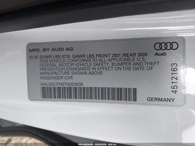 Продаж на аукціоні авто 2026 Audi A6 Premium Plus Quattro S Tronic, vin: WAU55CFN5TN024035, номер лоту: 45804459