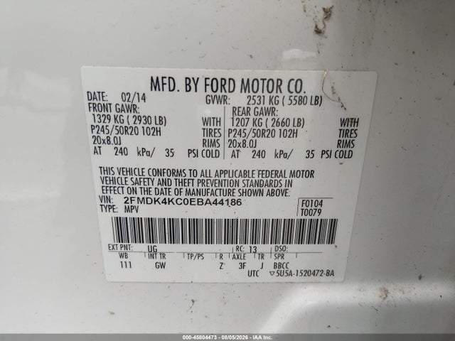 Продаж на аукціоні авто 2014 Ford Edge Limited, vin: 2FMDK4KC0EBA44186, номер лоту: 45804473