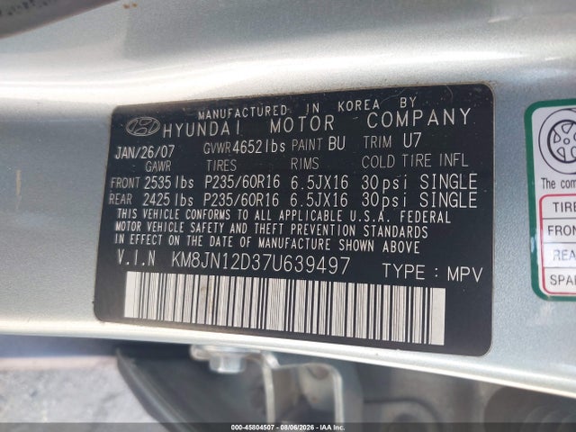 2007 Hyundai Tucson Limited/se მანქანა იყიდება აუქციონზე, vin: KM8JN12D37U639497, აუქციონის ნომერი: 45804507