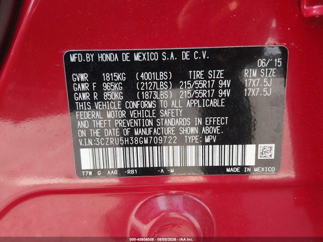 Honda HR-V LX 2016 3CZRU5H38GM709722 Image 9