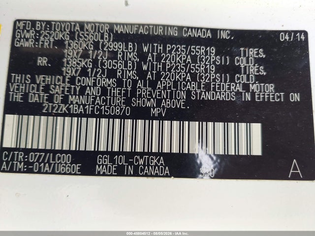 45804512 :رقم المزاد ، 2T2ZK1BA1FC150870 vin ، 2015 Lexus Rx 350 مزاد بيع