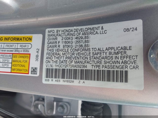 Продаж на аукціоні авто 2024 Honda Accord Hybrid Sport-l, vin: 1HGCY2F79RA092384, номер лоту: 45804518