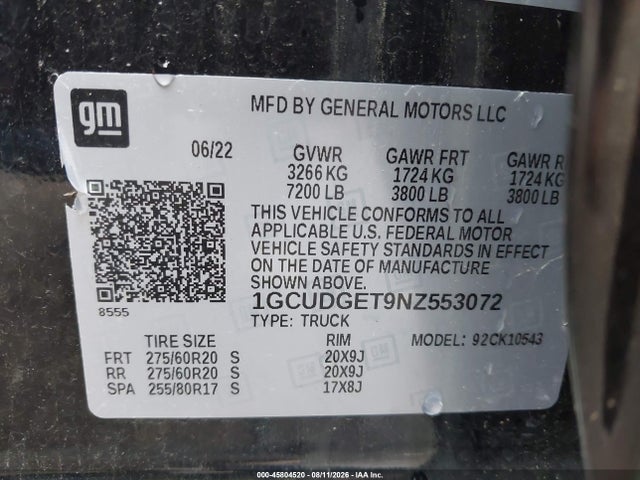 Auction sale of the 2022 Chevrolet Silverado 1500, vin: 1GCUDGET9NZ553072, lot number: 45804520