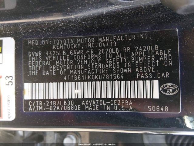 45804531 :رقم المزاد ، 4T1B61HK0KU781564 vin ، 2019 Toyota Camry Xse مزاد بيع