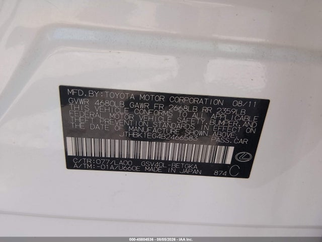 Продажа на аукционе авто 2011 Lexus Es 350, vin: JTHBK1EG4B2466583, номер лота: 45804536