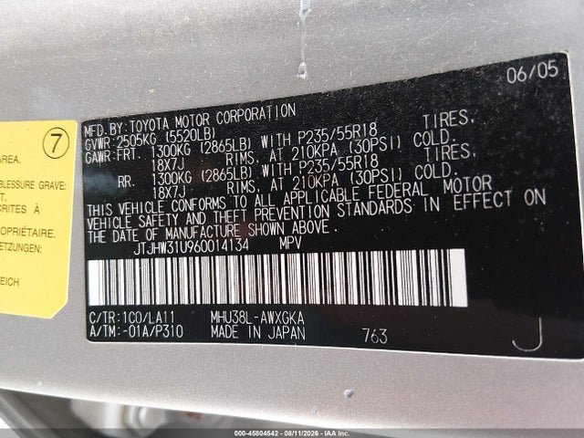 45804542 :رقم المزاد ، JTJHW31U960014134 vin ، 2006 Lexus Rx 400h مزاد بيع