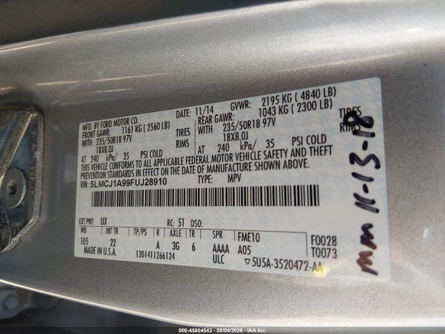 2015 Lincoln Mkc მანქანა იყიდება აუქციონზე, vin: 5LMCJ1A99FUJ28910, აუქციონის ნომერი: 45804543