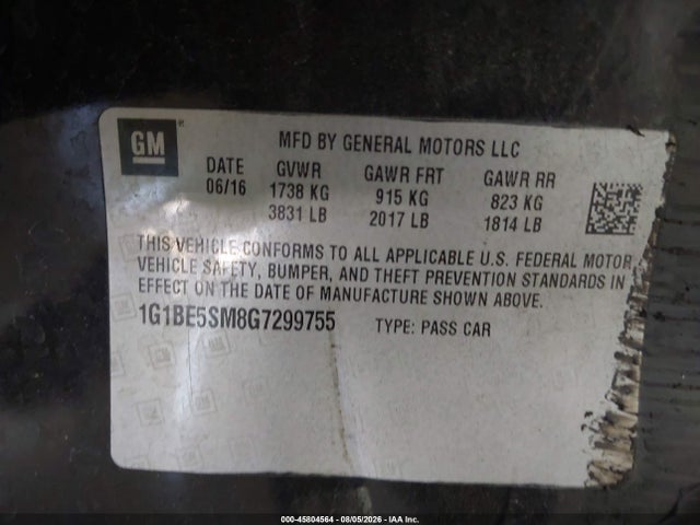 45804564 :رقم المزاد ، 1G1BE5SM8G7299755 vin ، 2016 Chevrolet Cruze Lt Auto مزاد بيع