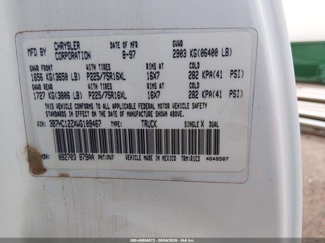 45804572 :رقم المزاد ، 3B7HC12ZXWG109467 vin ، 1998 Dodge Ram 1500 St مزاد بيع