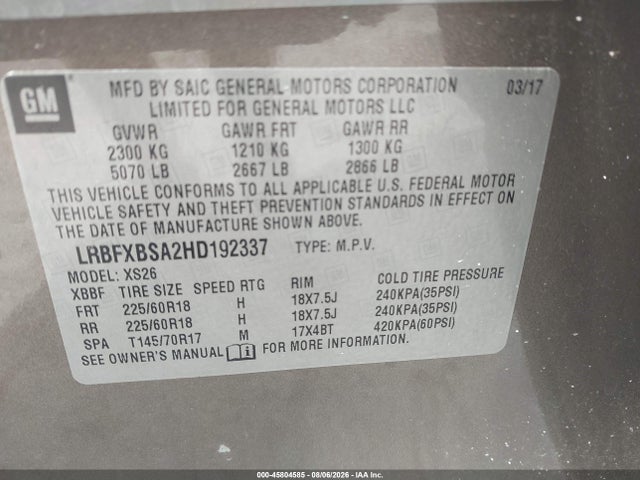 Продажа на аукционе авто 2017 Buick Envision Essence, vin: LRBFXBSA2HD192337, номер лота: 45804585