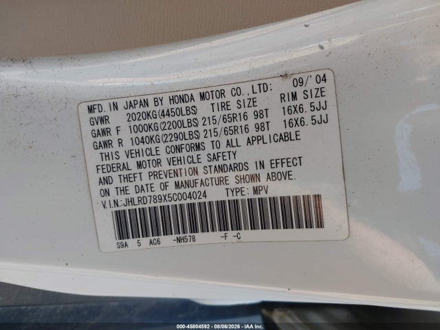 2005 Honda Cr-v Se მანქანა იყიდება აუქციონზე, vin: JHLRD789X5C004024, აუქციონის ნომერი: 45804592