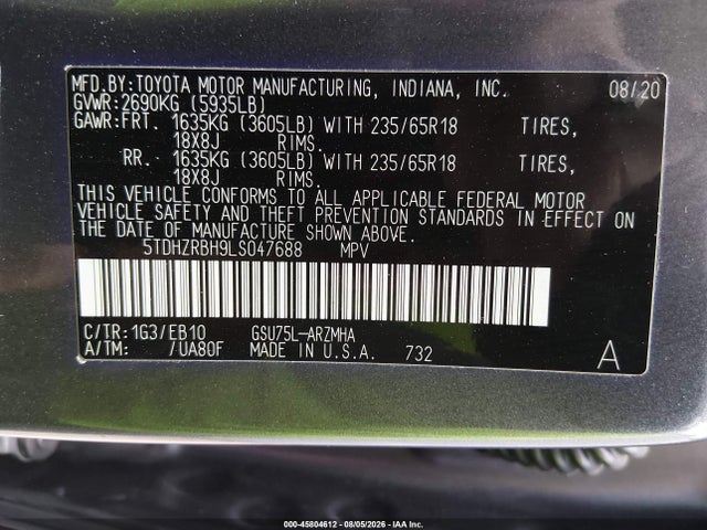 2020 Toyota Highlander Xle მანქანა იყიდება აუქციონზე, vin: 5TDHZRBH9LS047688, აუქციონის ნომერი: 45804612