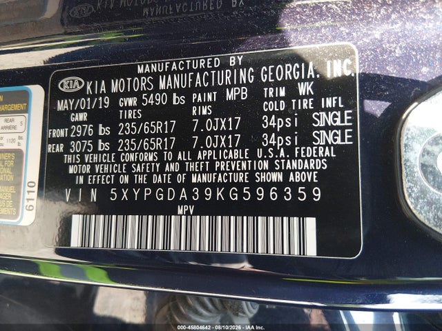 2019 Kia Sorento 2.4l Lx მანქანა იყიდება აუქციონზე, vin: 5XYPGDA39KG596359, აუქციონის ნომერი: 45804642