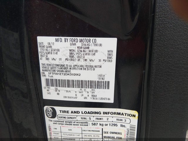 2013 Ford F-150 Fx4 მანქანა იყიდება აუქციონზე, vin: 1FTFW1ET2DKD02062, აუქციონის ნომერი: 45804656