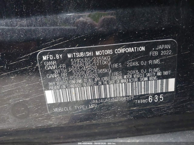 Продаж на аукціоні авто 2022 Mitsubishi Outlander, vin: JA4J4UA8XNZ068307, номер лоту: 45804658