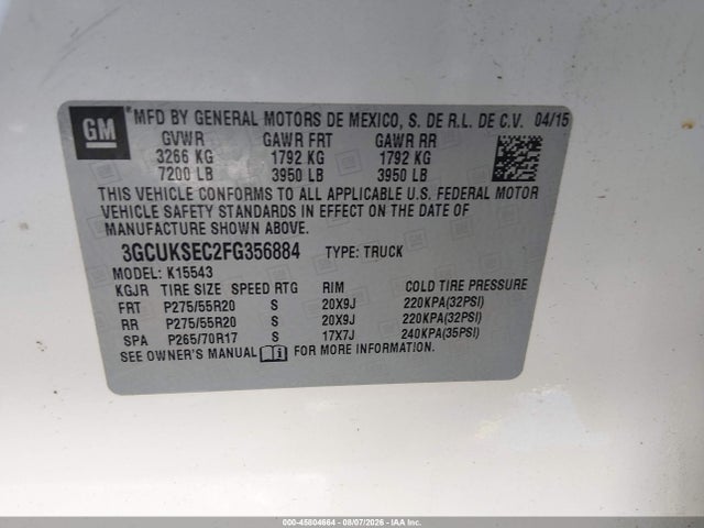 45804664 :رقم المزاد ، 3GCUKSEC2FG356884 vin ، 2015 Chevrolet Silverado 1500 Ltz مزاد بيع