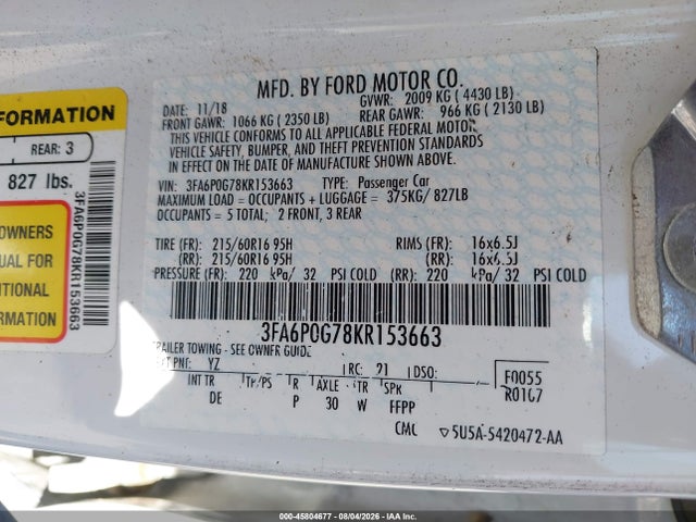 Продаж на аукціоні авто 2019 Ford Fusion S, vin: 3FA6P0G78KR153663, номер лоту: 45804677