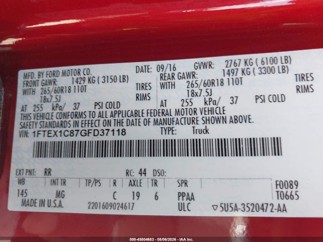 45804683 :رقم المزاد ، 1FTEX1C87GFD37118 vin ، 2016 Ford F-150 Xlt مزاد بيع