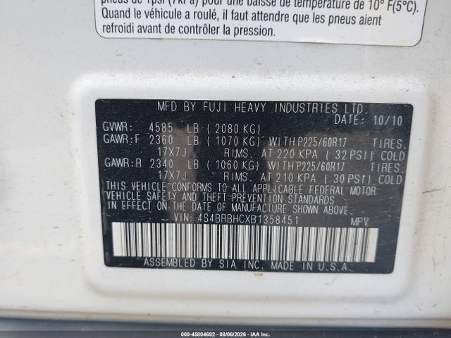 Продажа на аукционе авто 2011 Subaru Outback 2.5i Premium, vin: 4S4BRBHCXB1358451, номер лота: 45804692