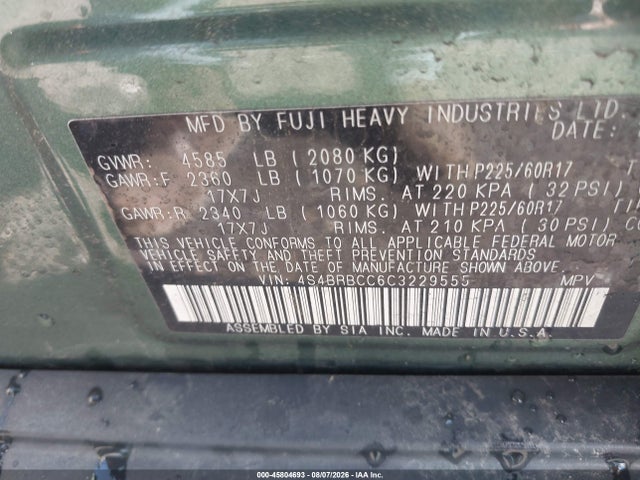 45804693 :رقم المزاد ، 4S4BRBCC6C3229555 vin ، 2012 Subaru Outback 2.5i Premium مزاد بيع